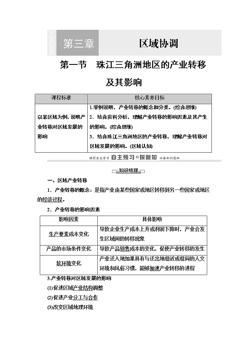 第3章 第1节　珠江三角洲地区的产业转移及其影响 学案-中图版（2019）选择性必修二高中地理01