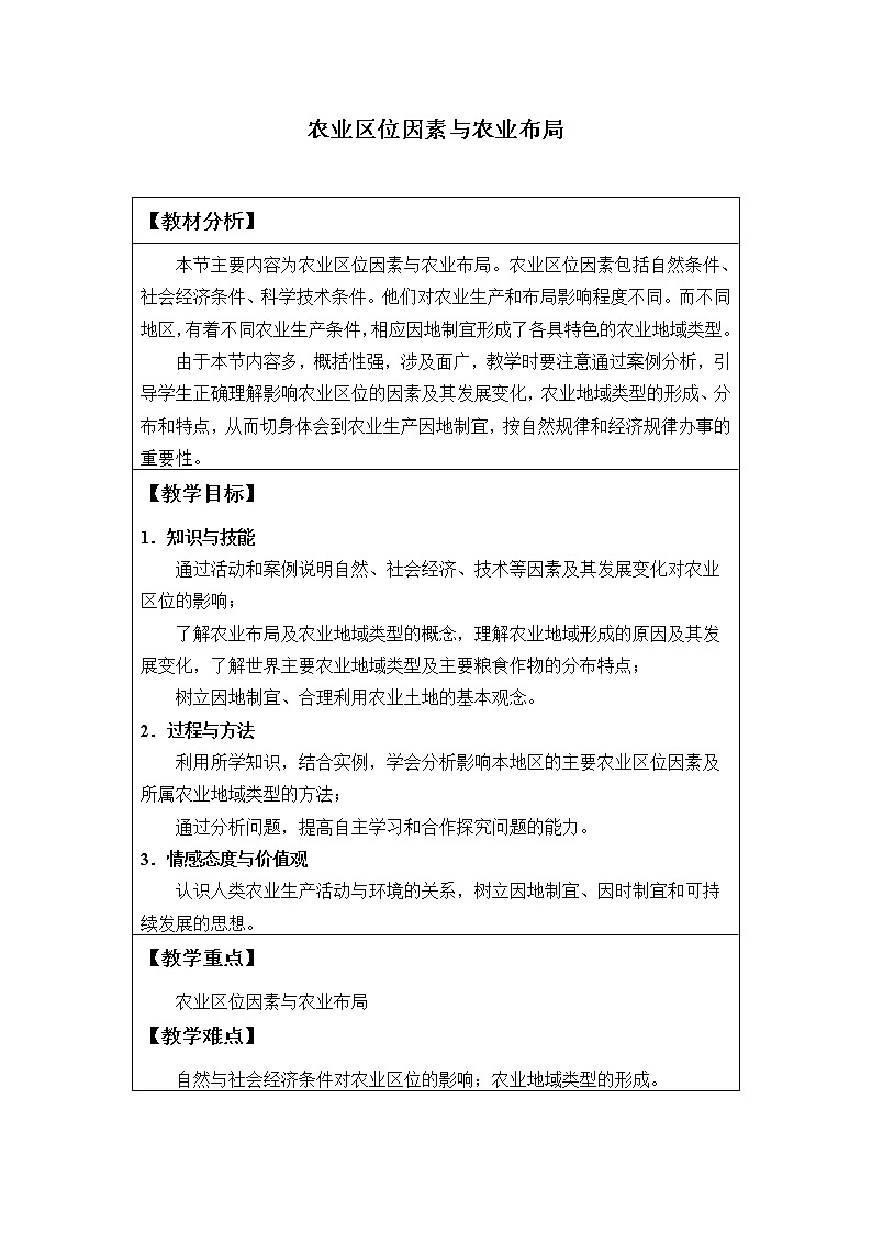 湘教版（2019）地理必修第二册 第三章 第一节农业区位因素与农业布局 教案01
