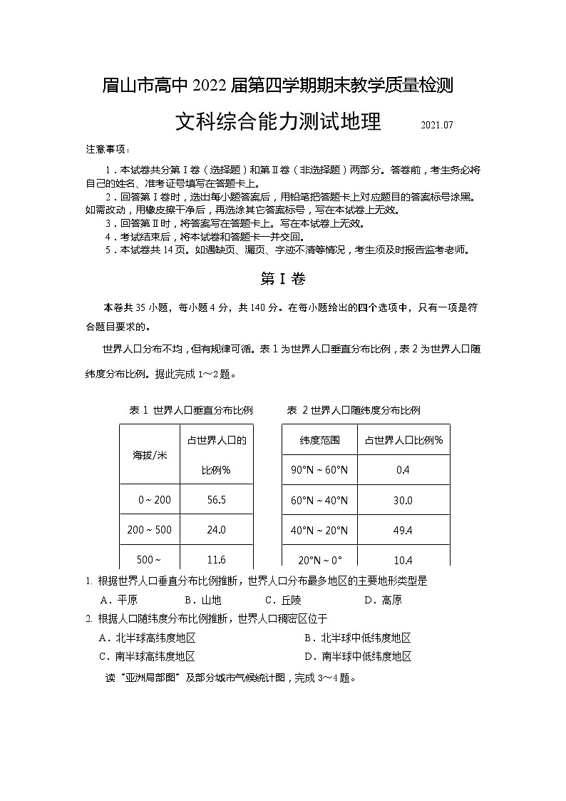 四川省眉山市2020-2021学年高二下学期期末检测 文科综合地理试题 Word版含答案01