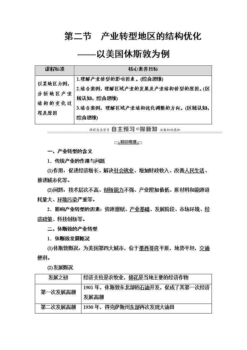 第2章 第2节　产业转型地区的结构优化——以美国休斯敦为例 学案（含答案）-湘教版（2019）高中地理选择性必修201