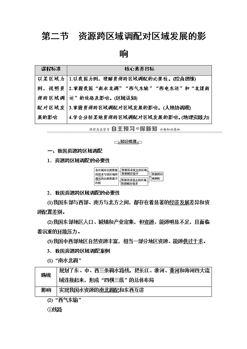 第3章 第2节　资源跨区域调配对区域发展的影响 学案（含答案）-湘教版（2019）高中地理选择性必修2第1页
