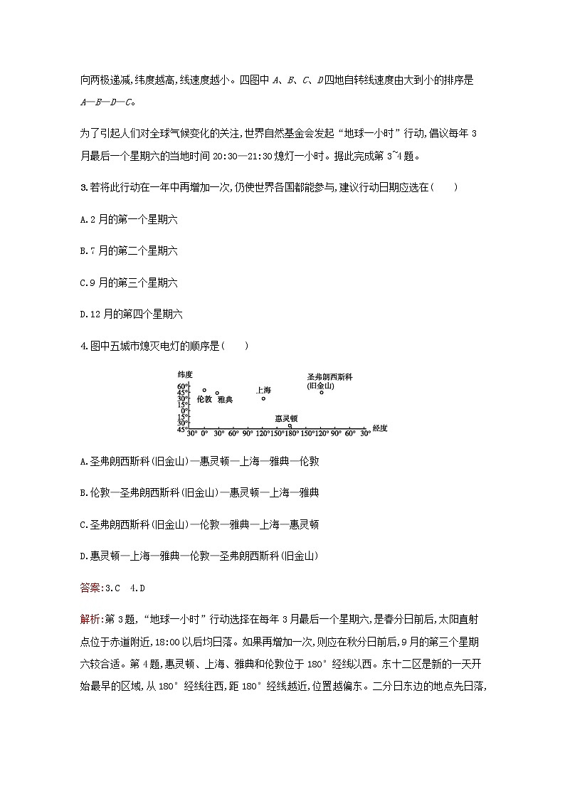 高考地理一轮复习考点规范练4地球的自转及其地理意义含解析新人教版02
