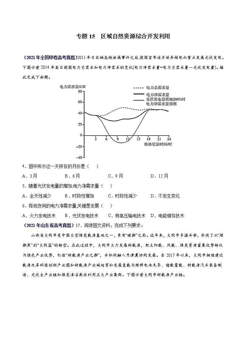 专题15区域自然资源综合开发利用-三年（2019-2021）高考地理真题分项汇编（全国通用）（原卷版）01