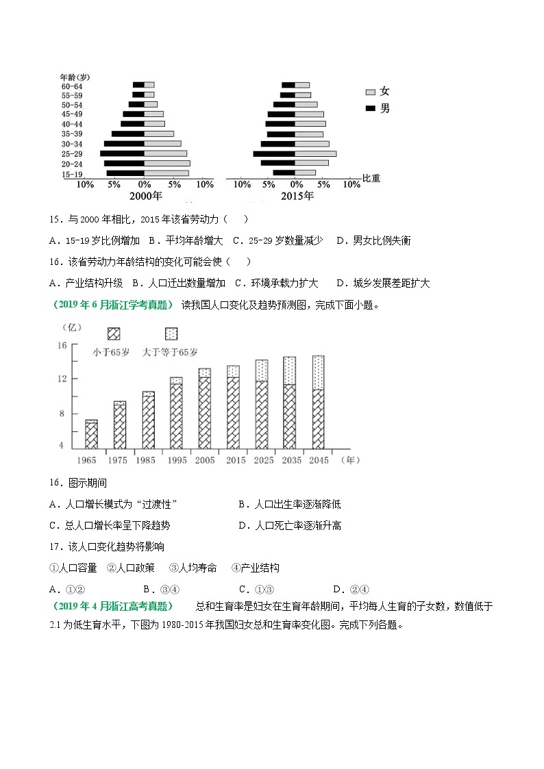 专题07 人口-五年（2017-2021）高考地理真题分项详解（浙江专用）（原卷版）无答案02