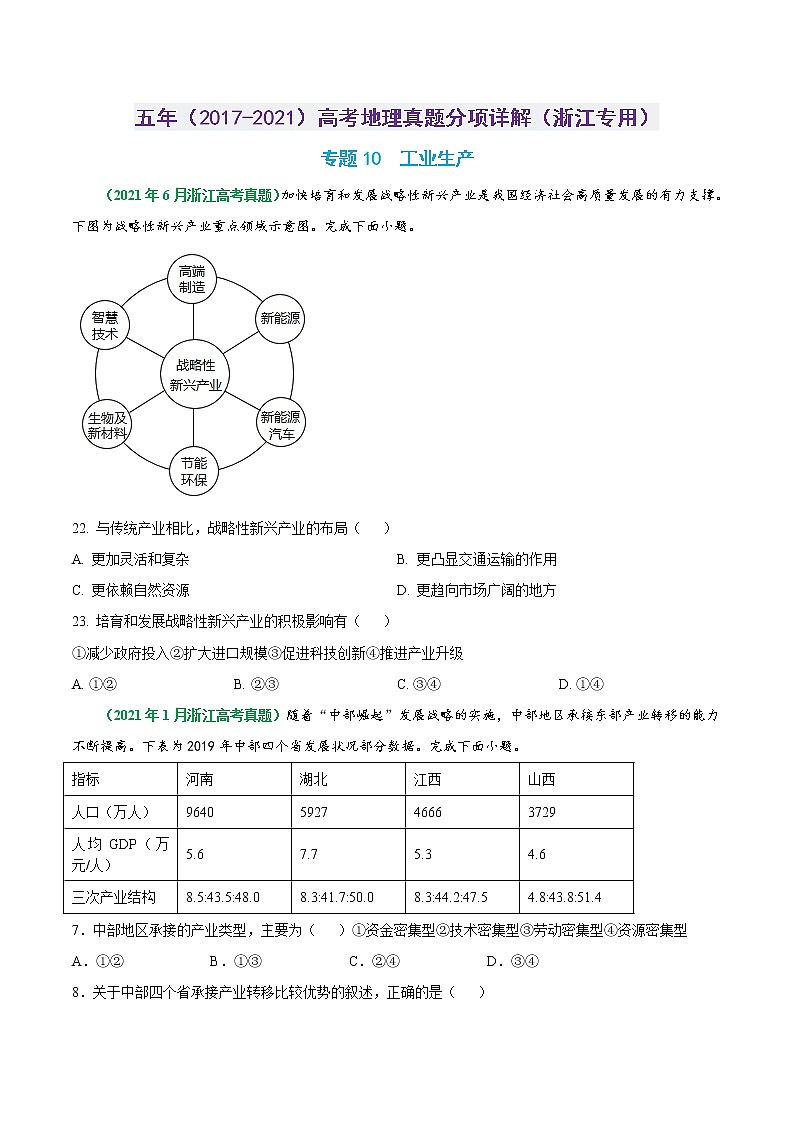 专题10 工业生产-五年（2017-2021）高考地理真题分项详解（浙江专用）（原卷版）无答案01