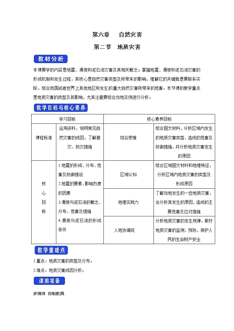 2022届高考地理人教版教材一轮复习   地质灾害 （2）  教案第1页