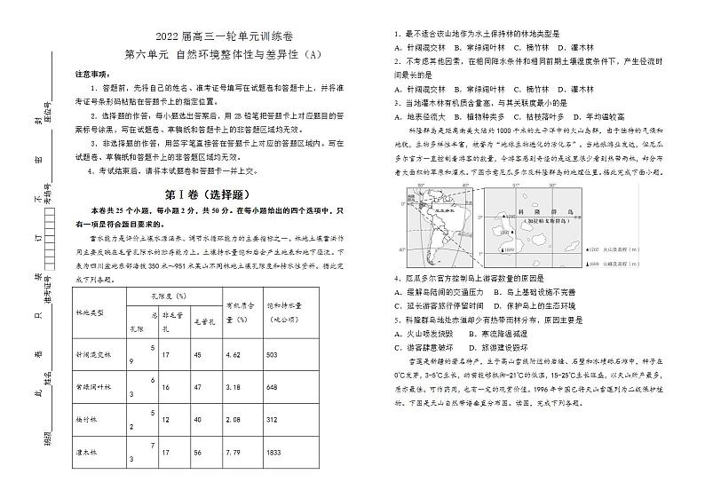 2022届高考地理 一轮复习 第六单元 自然环境整体性与差异性训练卷 A卷第1页