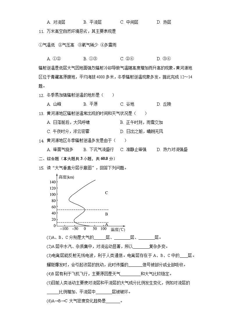 2.1大气的组成和垂直分层    同步练习   人教版（2019）高中地理必修第一册第3页