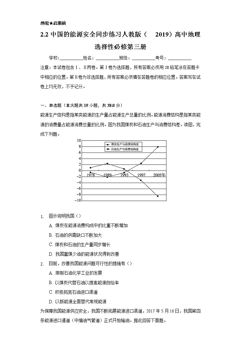 2.2中国的能源安全 同步练习  人教版（2019）高中地理选择性必修第三册01
