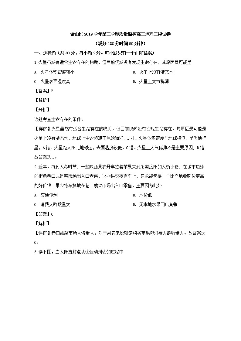 上海市金山区2020届高三二模考试地理试题+Word版含解析01