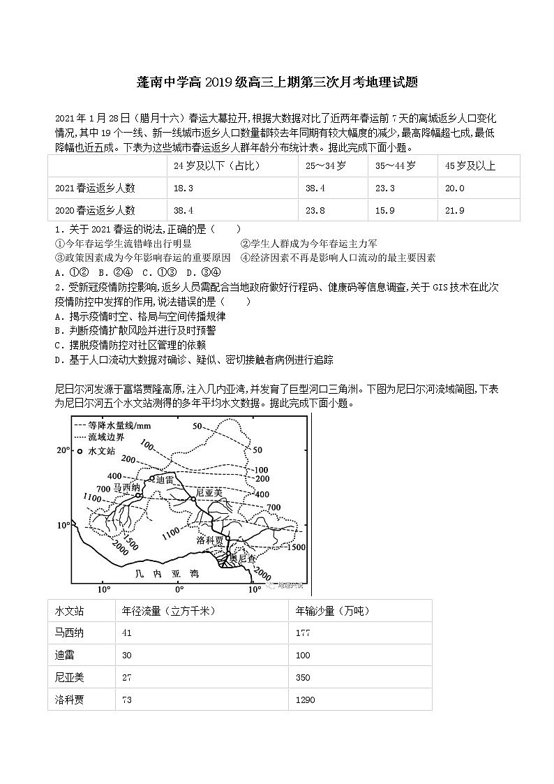 四川省遂宁市蓬溪县蓬南中学2021-2022学年高三上学期第三次月考地理【试卷+答案】第1页