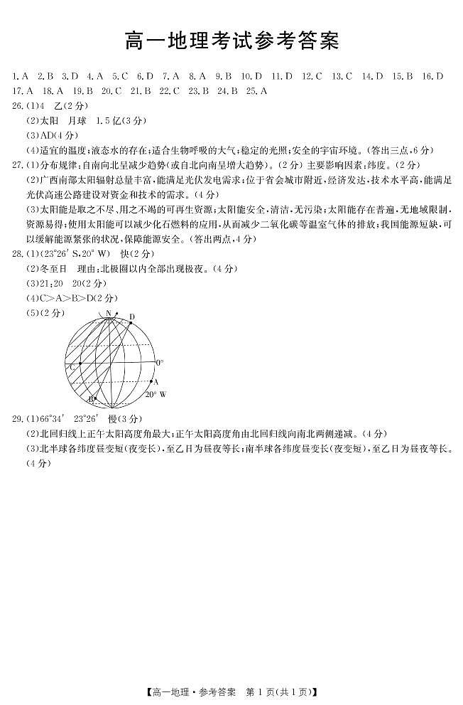 内蒙古通辽市2021-2022学年高一上学期10月月考地理试题答案第1页