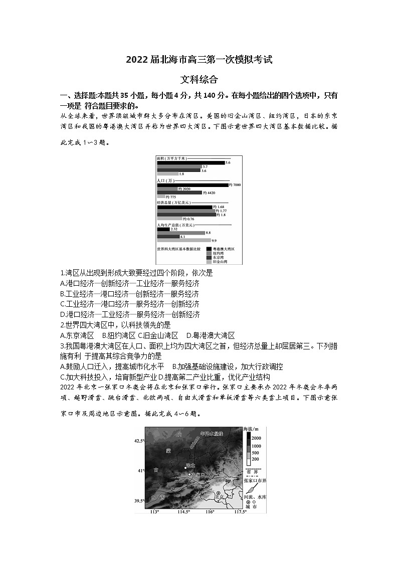 广西北海市2022届高三第一次模拟考试文综地理【试卷+答案】01
