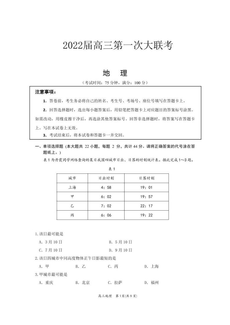江苏省2021-2022学年高三上学期第一次大联考（10月） 地理试卷01