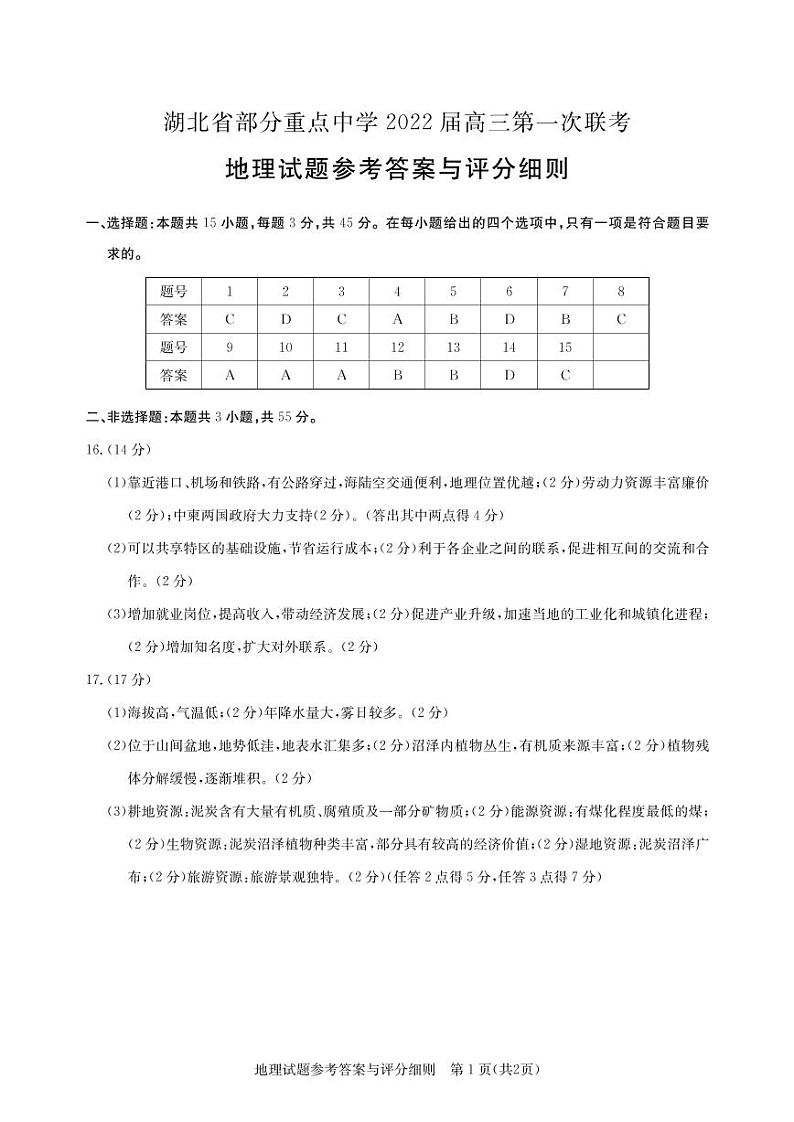 湖北省部分重点中学2022届高三上学期第一次联考地理试题 扫描版含答案01