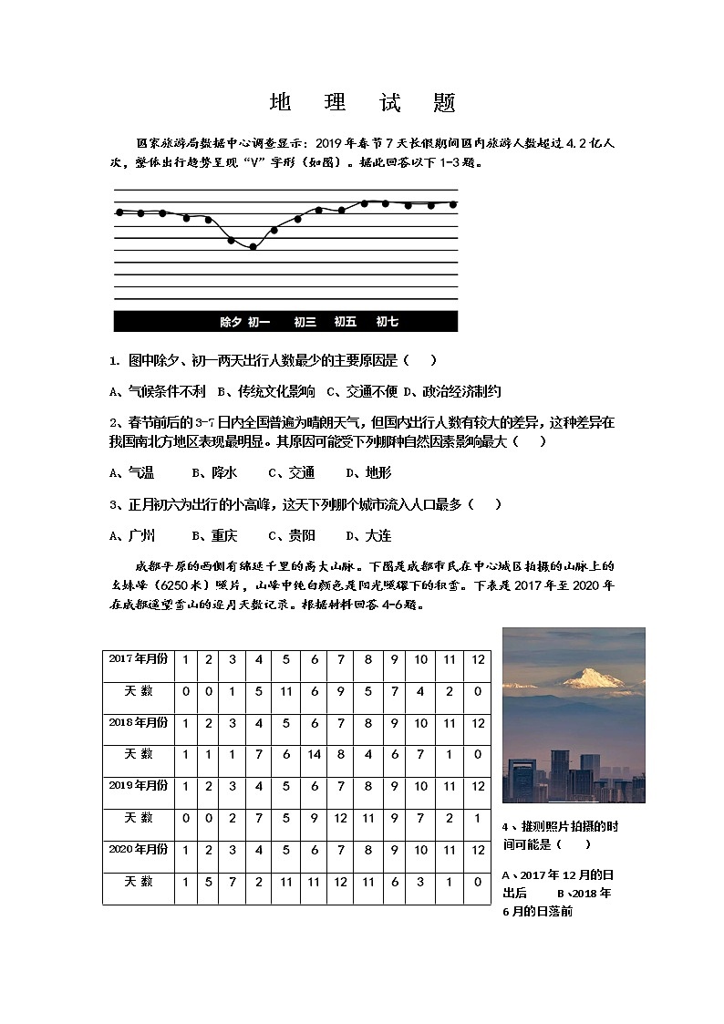 四川省巴中市2022届高三上学期“零诊”文综地理试题 含答案01