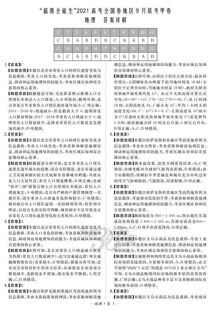 “超级全能生”2021届高三全国卷地区9月联考试题（甲卷）地理PDF版含解析01