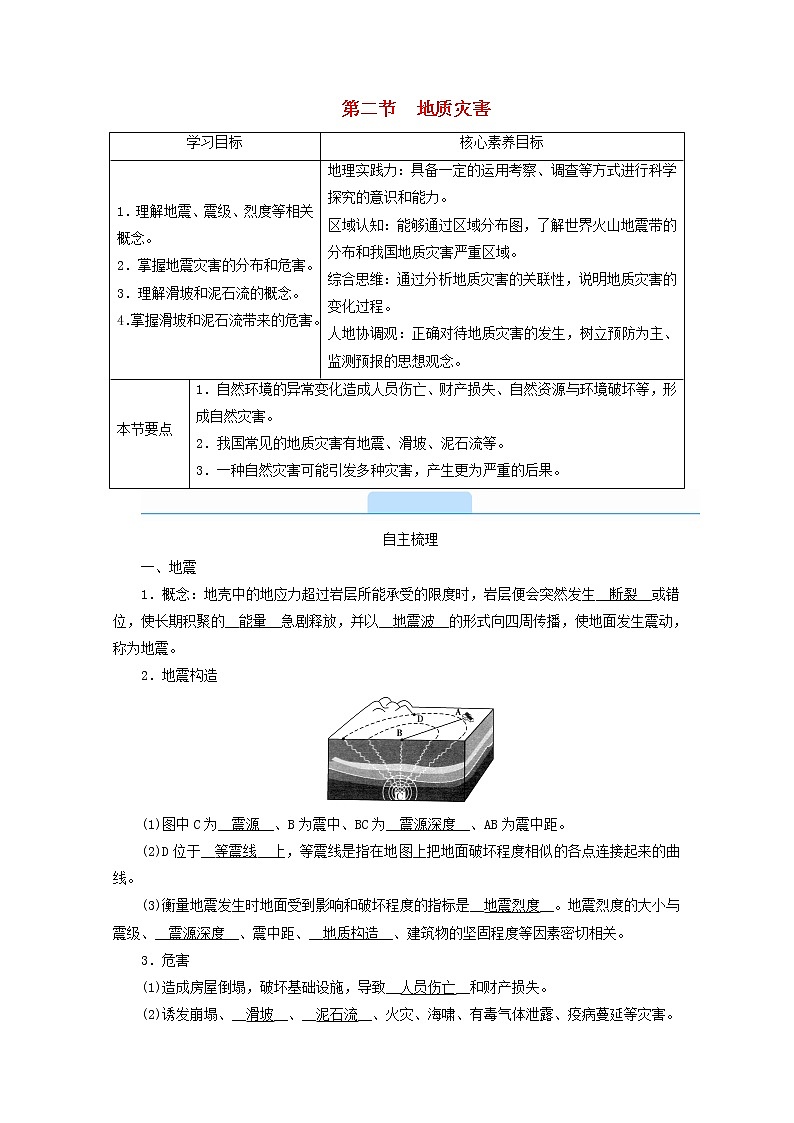 地理人教版（2019）必修一第六章自然灾害2地质灾害学案新人教版必修101