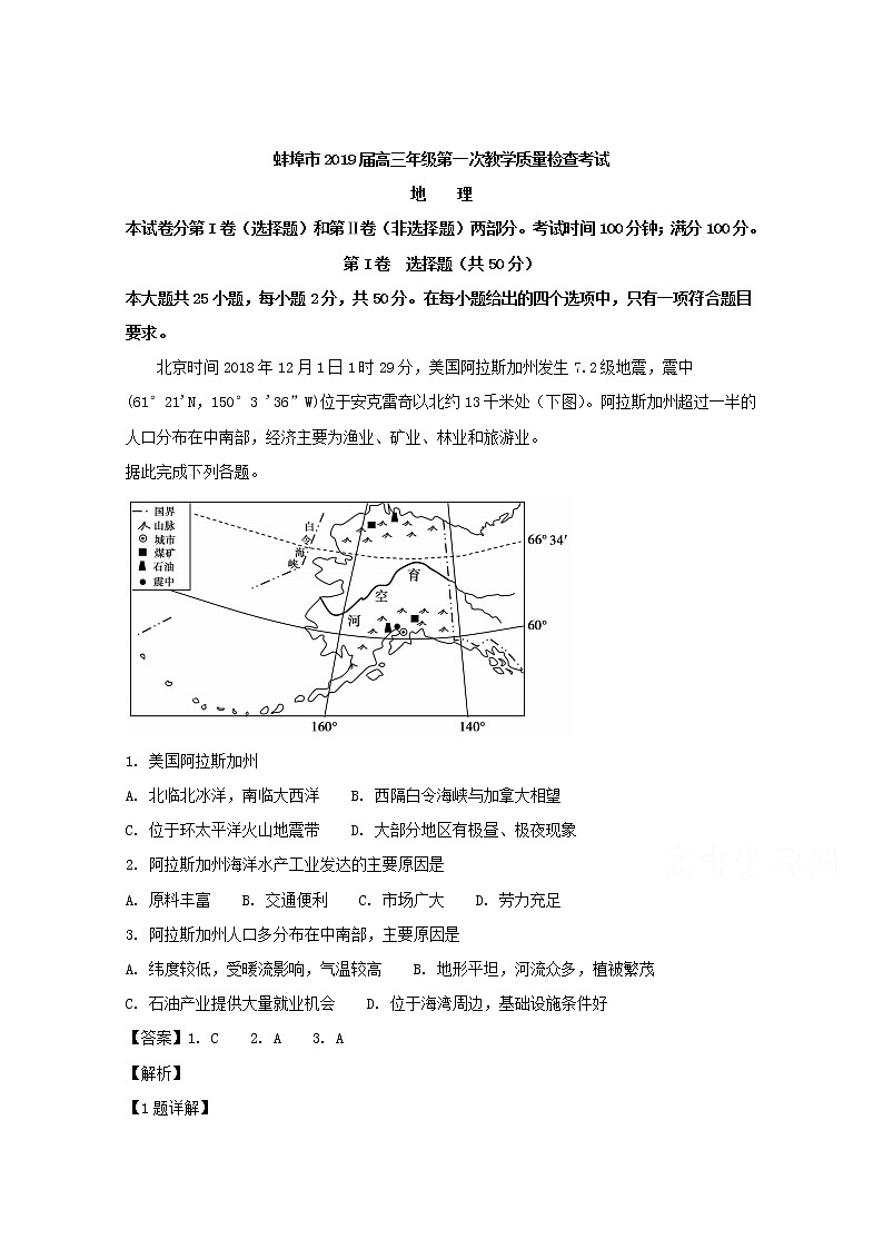 安徽省蚌埠市2019届高三第一次教学质量检查考试地理试题 Word版含解析第1页