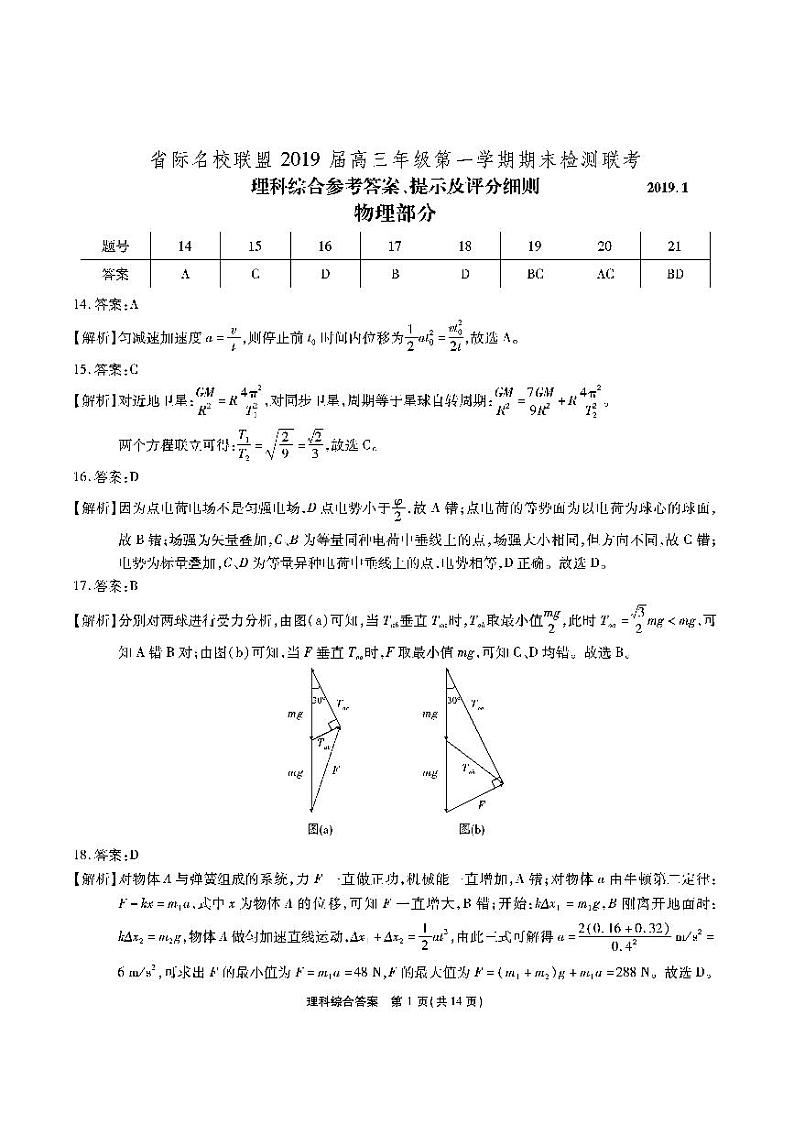 【全国百强校首发】安徽省安庆一中、山西省太原五中等五省六校2019届高三上学期期末联考理科综合答案第1页