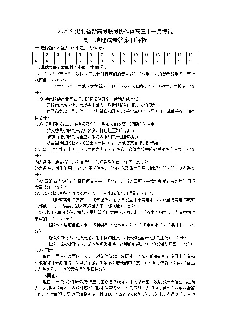 2021年湖北省新高考联考协作体高三11月联考---地理答案第1页