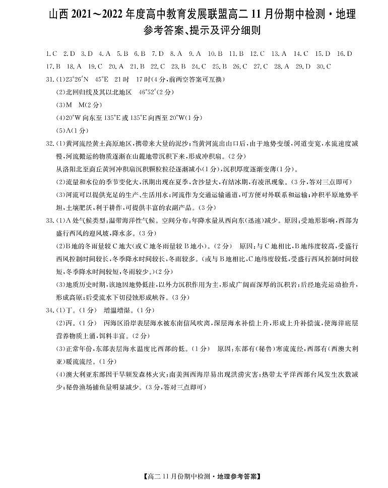 运城联考-高二地理答案第1页