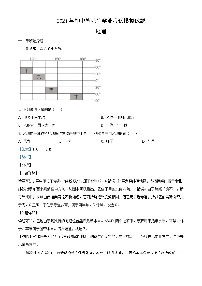 精品解析：2021年广东省揭阳市揭西县中考模拟地理试题01
