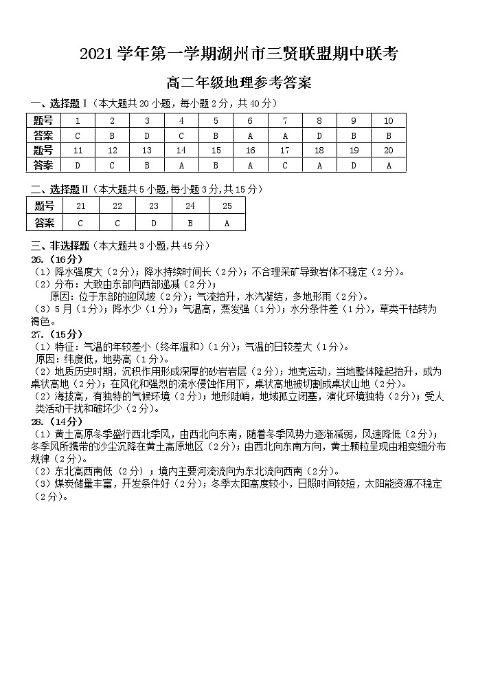 高二地理期中卷参考答案第1页