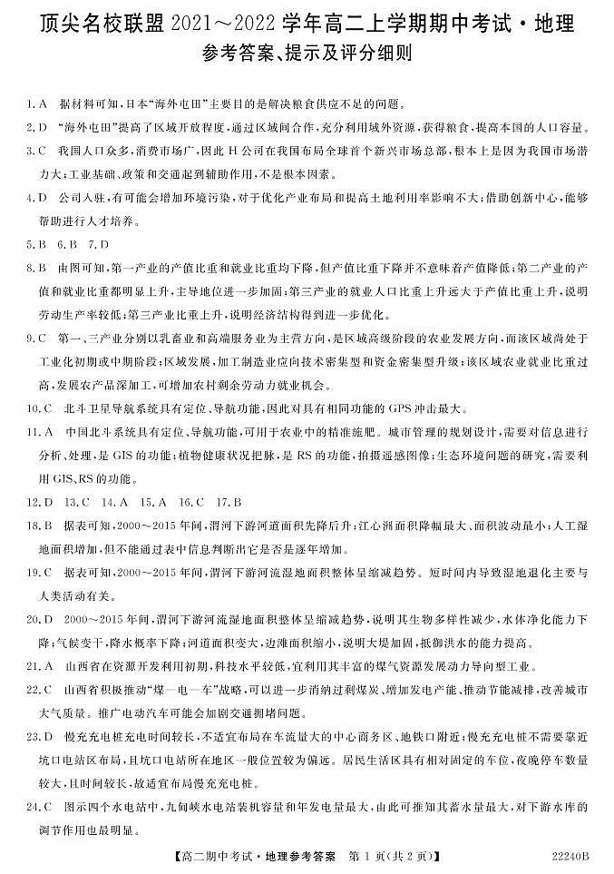 顶尖名校-高二期中地理答案第1页
