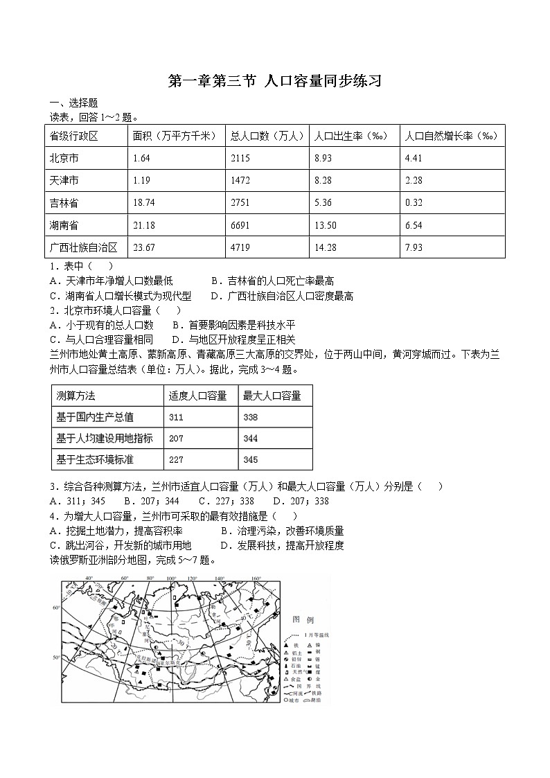 1.3  人口容量（解析版）——高中地理人教版（2019）必修第二册同步训练试题第1页
