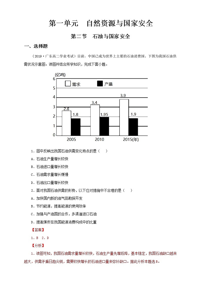 鲁教版地理选择性必修3 1.2 石油与国家安全  同步训练01