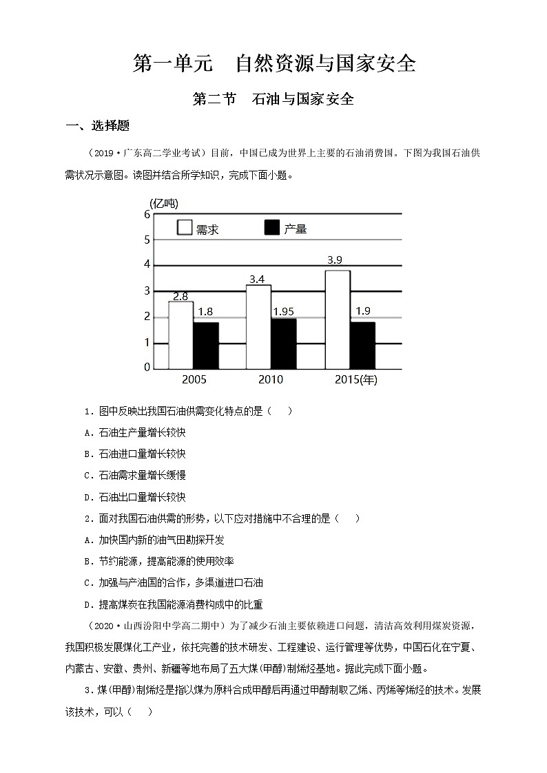 鲁教版地理选择性必修3 1.2 石油与国家安全  同步训练01