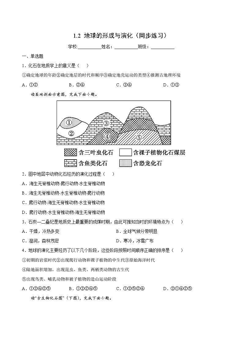 1.2 地球的形成与演化（同步练习）鲁教版地理2019必修第一册）01