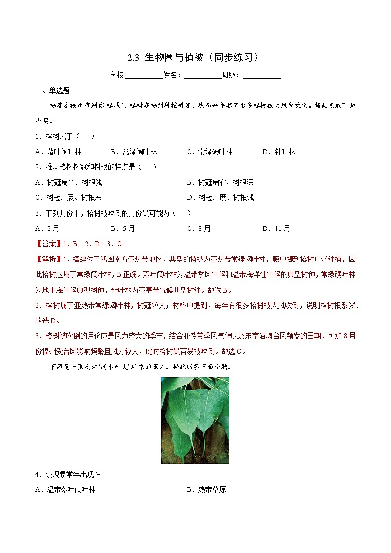 2.3 生物圈与植被（同步练习）鲁教版地理2019必修第一册）01