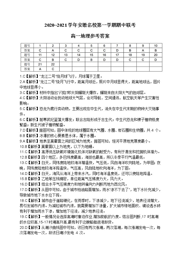 安徽省名校2020-2021学年高一上学期期中联考地理试题答案第1页