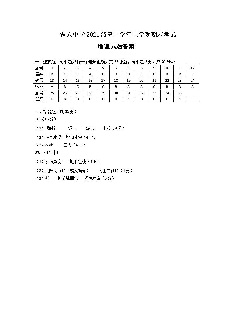 铁人中学2021级高一学年上学期期末考试地理试题答案第1页