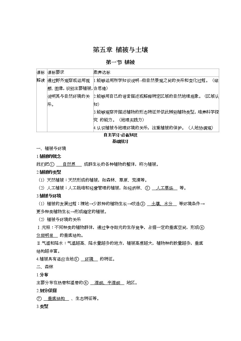 5.1 植被  学案 高中地理新人教版必修第一册（2021年）第1页