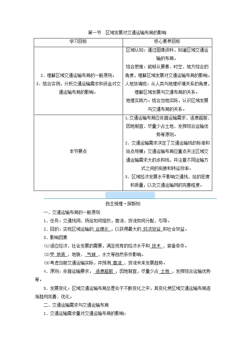 2020-2021学年高中地理新人教版必修第二册 第四章 第一节 区域发展对交通运输布局的影响 学案202