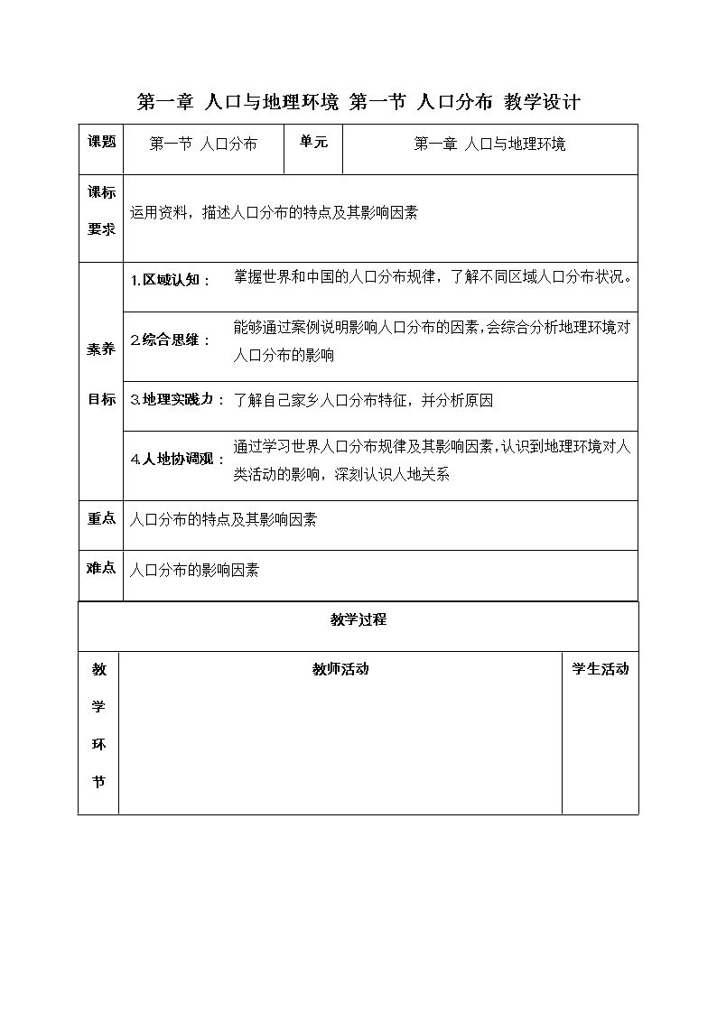 1.1 人口分布 教学设计（新湘教版必修第二册）第1页