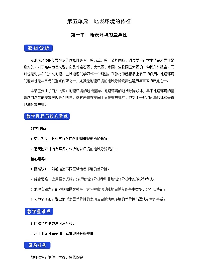 【新教材精创】5.1 地表环境的差异性  教学设计-鲁教版高中地理选择性必修Ⅰ01
