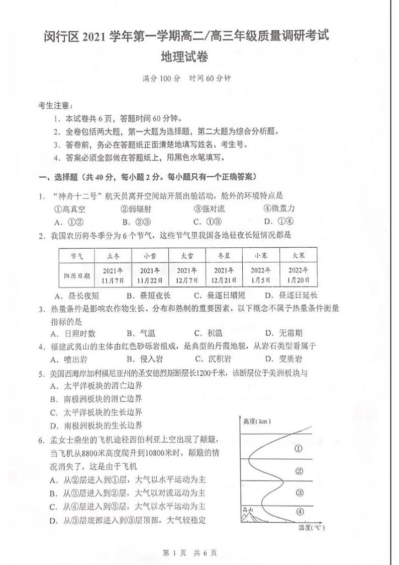 地理 上海市闵行区2021-2022学年高二上学期一模地理试卷（无答案）01