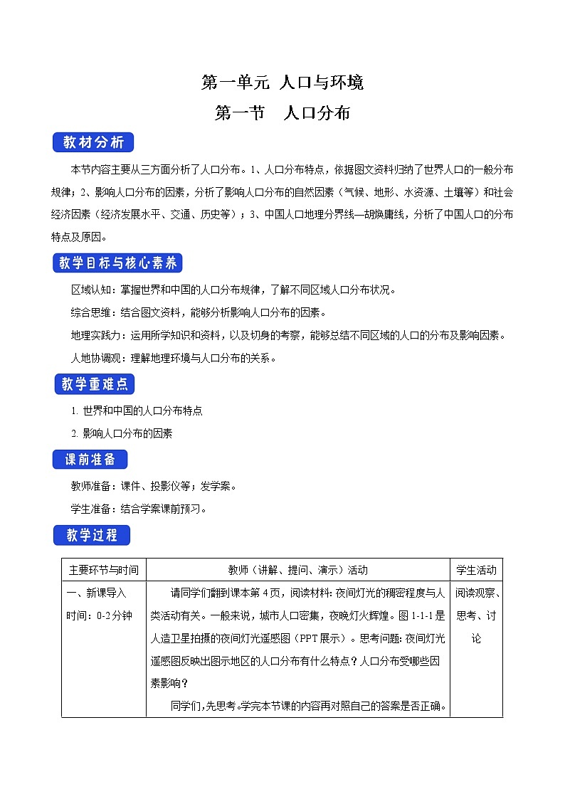 【新教材精创】1.1 人口分布教学设计（2）-鲁教版高中地理必修第二册01
