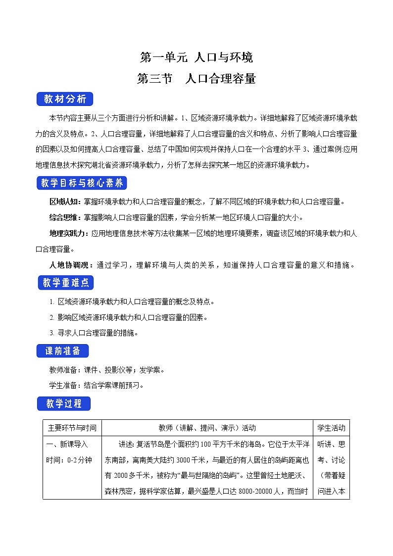 【新教材精创】1.3 人口合理容量教学设计（2）-鲁教版高中地理必修第二册01