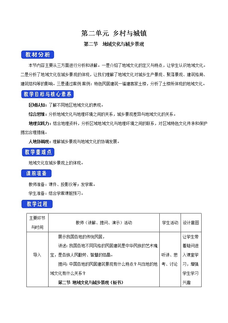 【新教材精创】2.2 地域文化与城乡景观教学设计（2）-鲁教版高中地理必修第二册01