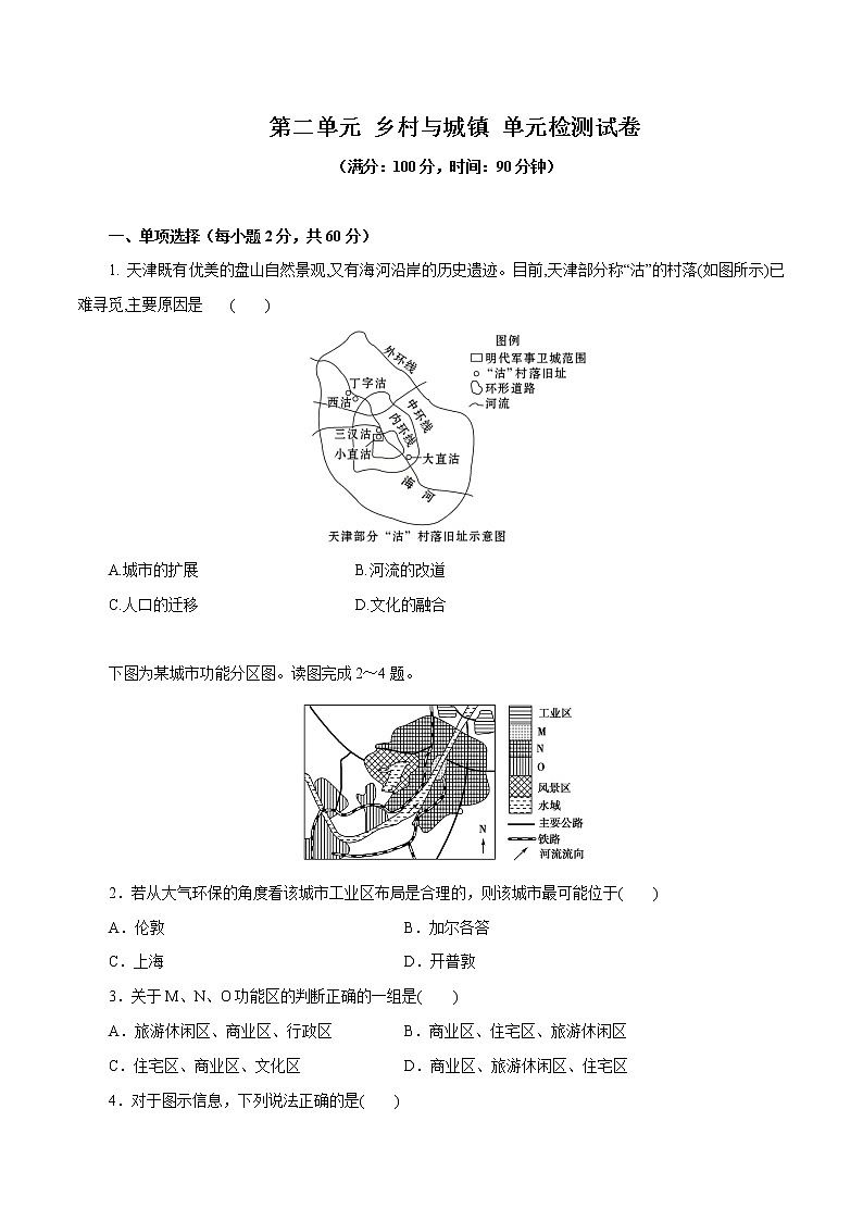 【新教材精创】第二单元 乡村与城镇测试卷（2）-鲁教版高中地理必修第二册01