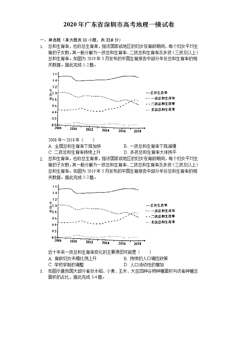 2020年广东省深圳市高考地理一模试卷(含答案解析)01