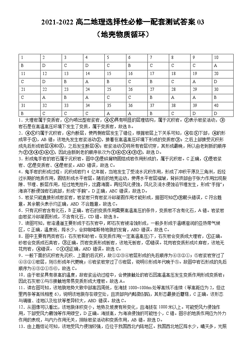 2021-2022高二地理选择性必修一配套测试答案03（地壳物质循环）01