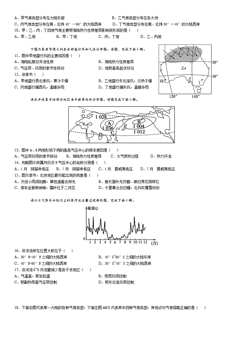 2021-2022高二地理选择性必修一配套测试试卷07（气压带、风带与气候）02