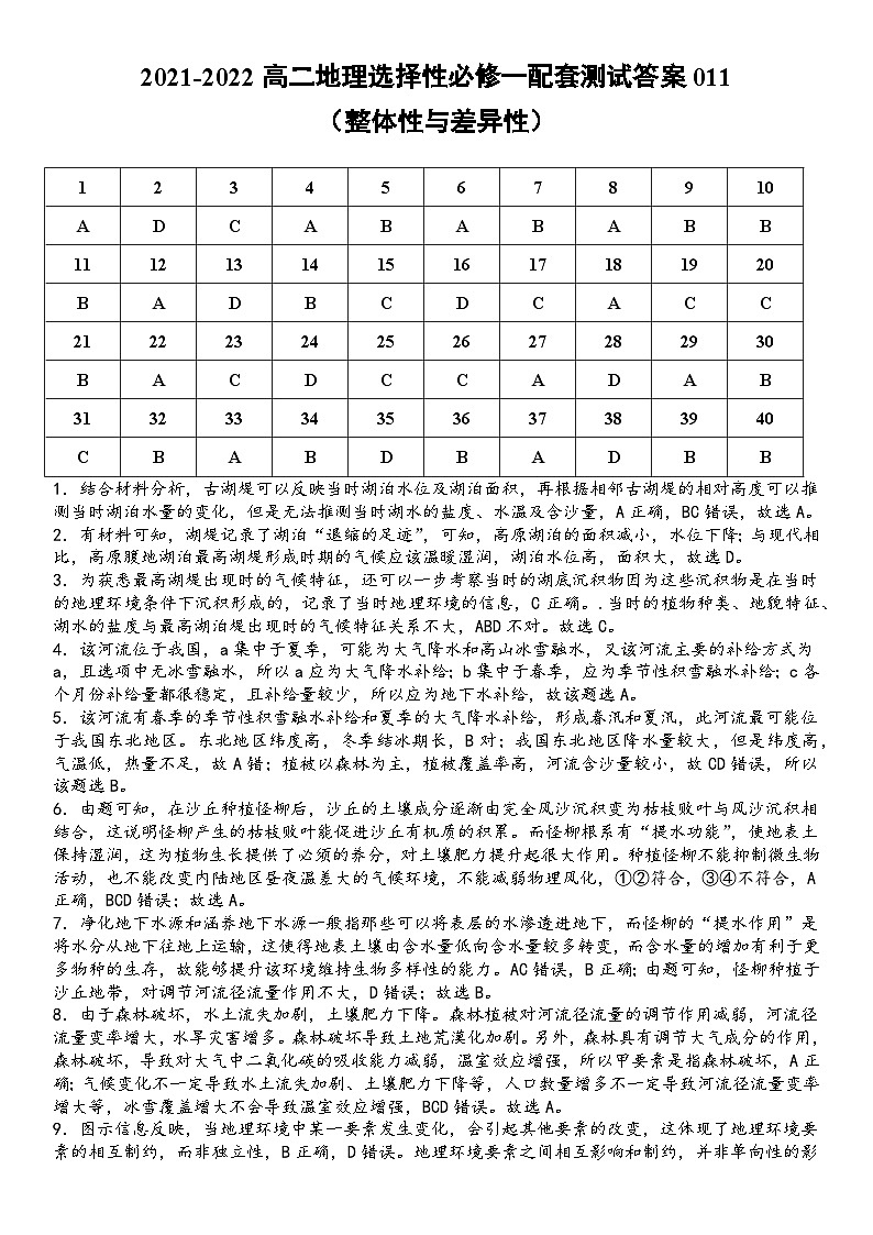 2021-2022高二地理选择性必修一配套测试答案011（整体性与差异性）01