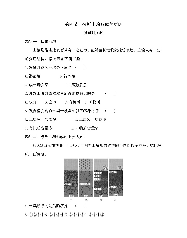 第四节　分析土壤形成的原因-2022版地理必修第一册鲁教版（2019） 同步练习 （Word含解析）01